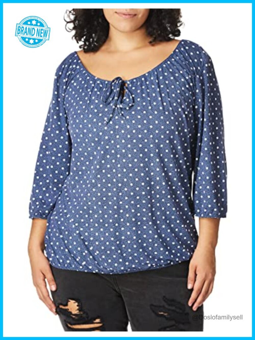 Womens Peasant Top 3/4 Sleeve Keyhole Tie Neck Elastic Hem Work Blouse